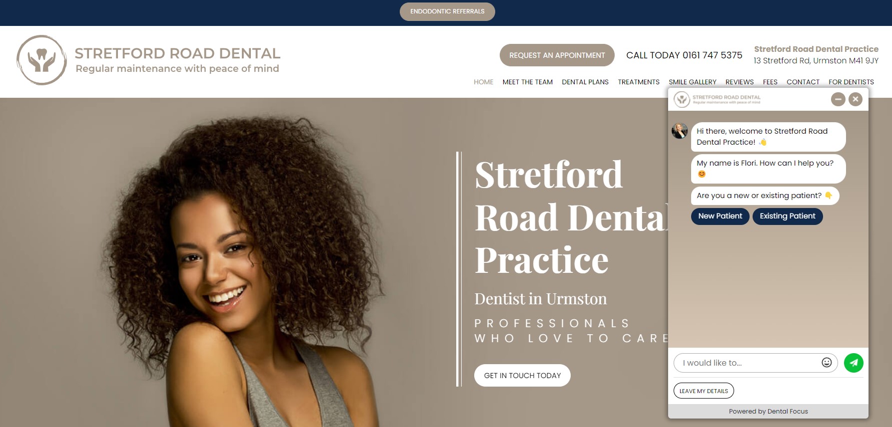 Image shows the homepage for Stretford Road Dental Practice with the Dental Focus Chatbot at the bottom right of the page.