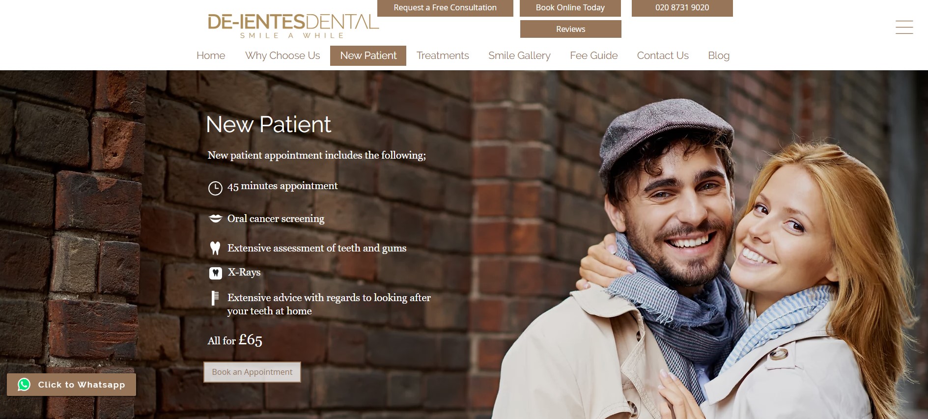 Image shows the New Patients page on the De-ientes Dental website.