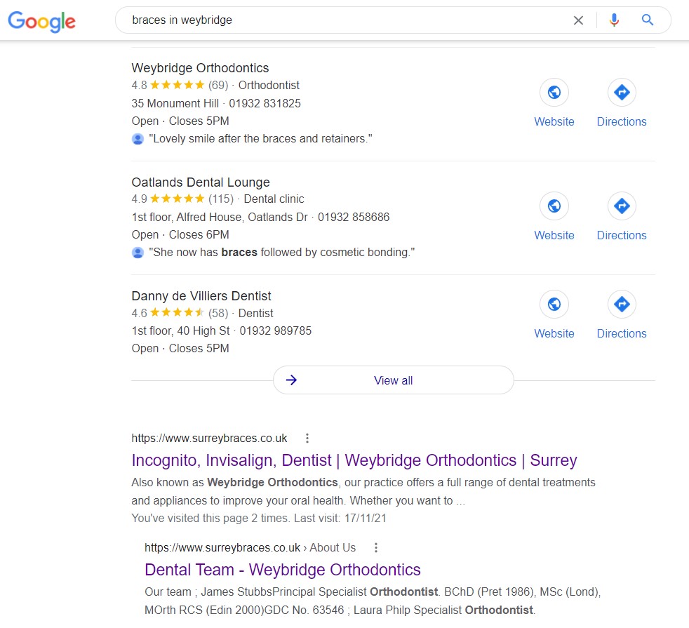 Image shows a Google search page for the phrase Braces in Weybridge.